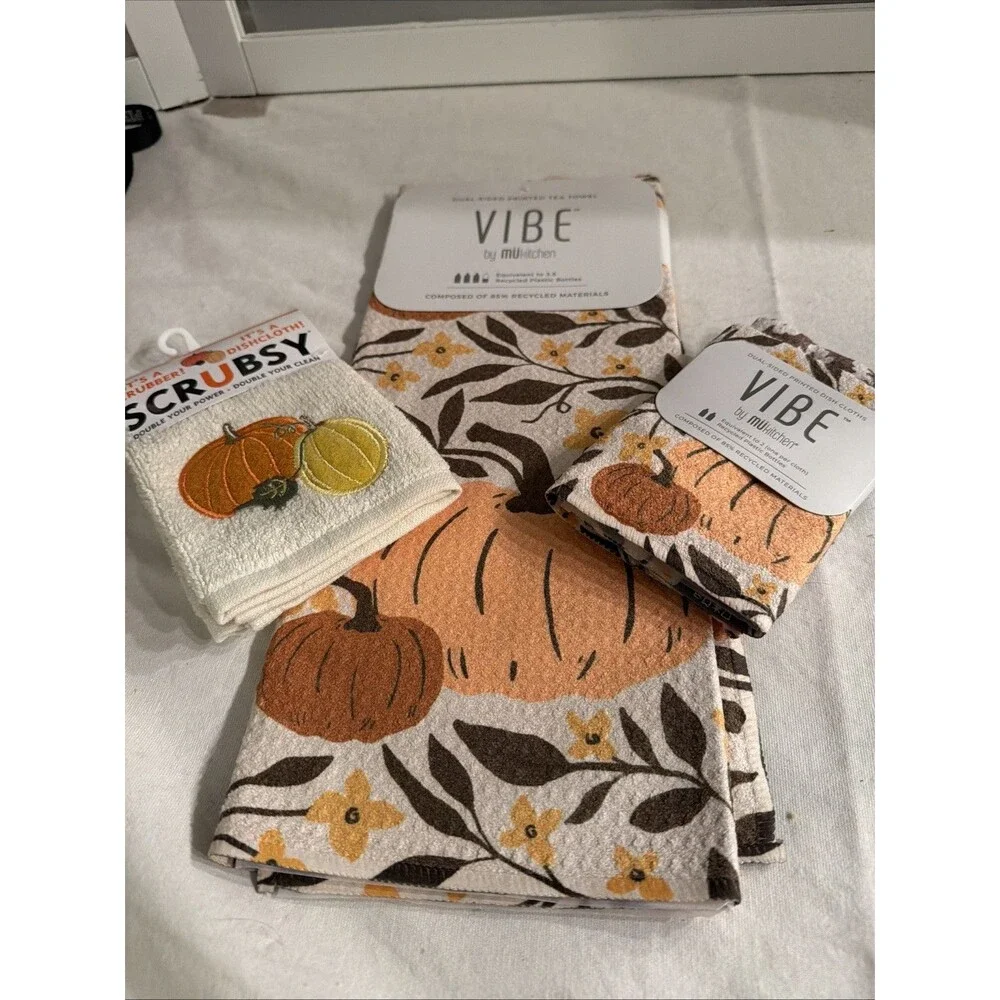 Vibe By MUkitchen 3 Pc Fall Pumpkin Tea Towel Set Recycled Material. New